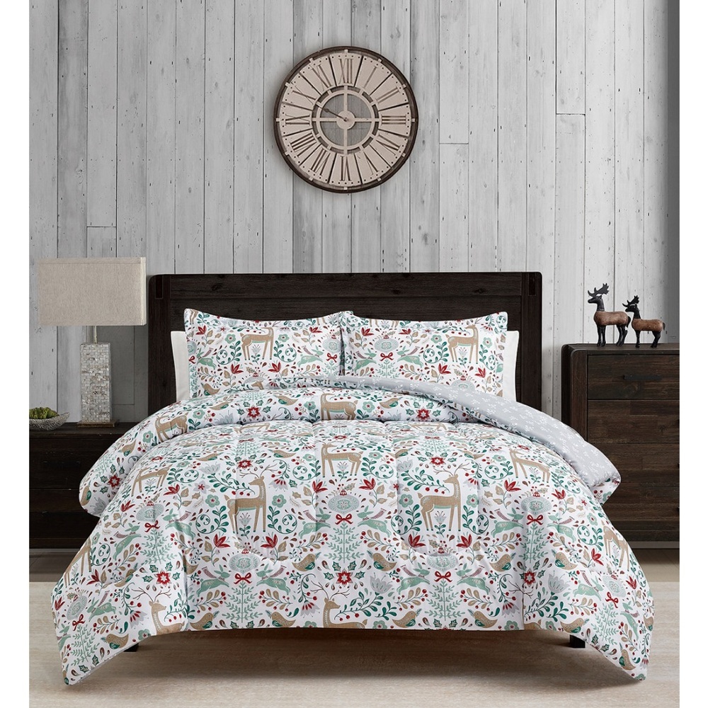 Sunham Holiday Deer 3PC Reversible Comforter Set-Full/Queen NEW🎄